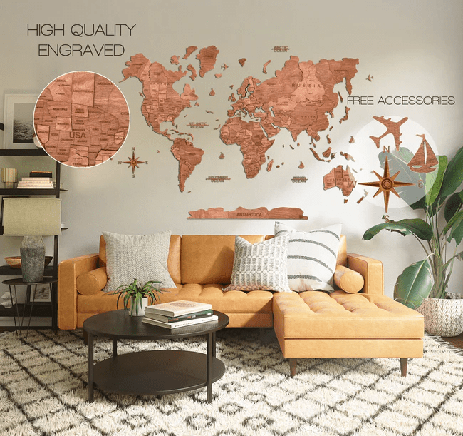 3D WOODEN WORLD MAP - BROWN